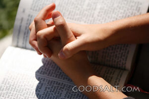 IDAHO. Boise. Hands folded on open Bible (close-up). MR