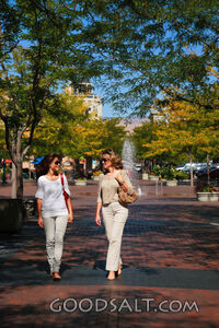 IDAHO. Boise. Two women walking on brick sidewalk near fount