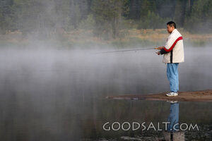 IDAHO. Smith’s Ferry. Man fishing on foggy morning. MR