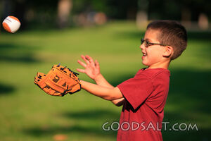 Little boy catching baseball with mitt in summer.