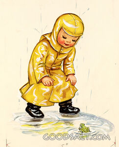 Little Boy Watching Frog in Rain