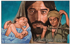 Jesus as a baby, a child, and an adult.