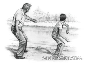 Man and Boy Stone Throwing in Pond