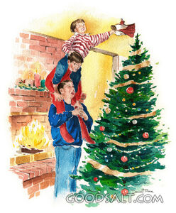 Man and Two Boys Decking the Christmas Tree