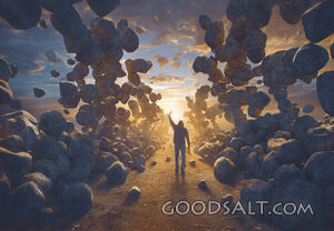 Man holds hand up with rocks flying