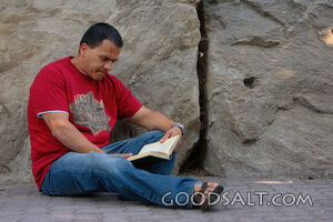 Man reading, leaning against stone wall.