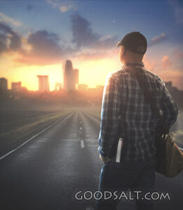 Man Walking to City With Bible