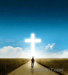 Man Walking Towards a White Cross