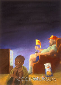 Man Watches Television While People Starve