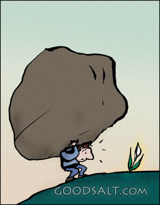 Man With Burden Looks at Flower
