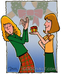 A girl giving a present to another at Christmas time.