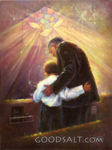 Praying in Front of Stained Glass Window