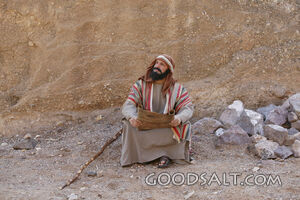 man sitting on ground holding scroll and looking heavenward