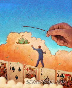 In pursuit of riches, a man walks on the thin edge of playing cards.
