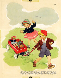Small Boy & Girl with Wagon