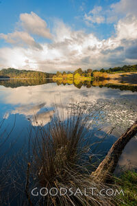Small lake with mirror reflection and storm clouds.