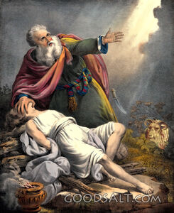 Abraham offers Isaac as sacrifice Ram in bush knife falling light from heaven