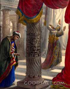 Parable of pharisee_and_publican_at_pillar_in_temple_arms_uplifted_lifted_head_bowed pray