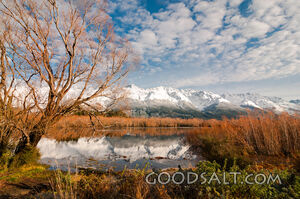 Snowy mountain range reflection.