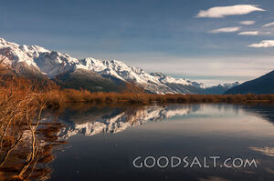 Snowy mountain range reflection.