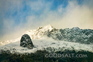 Spectacular mountain-range scenery with snow peaks.