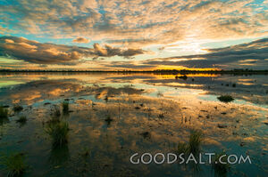 Spectacular sunset and reflection on surface of shallow lake.