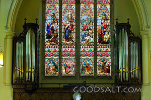 Stained Glass Window and Organ Pipes