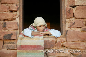 A young child looking through a window.