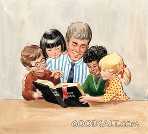 Teacher With Four Children Reading Bible