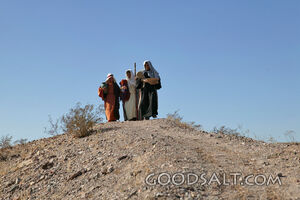 Three  Isrealites Atop a Hill on Journey in Desert