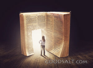 Woman Looking at Doorway in Bible