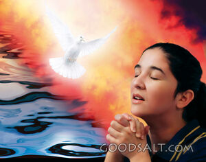 Woman Prays in Presence of Fire and Dove of God 