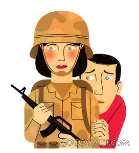 Woman Soldier Protects Cowering Man