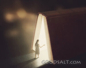 Woman Waking Into Bible